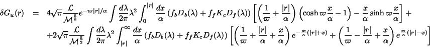 \begin{eqnarray*}
\delta G_{u}(r) & = & 4\sqrt{\pi }\frac{\mathcal{L}}{\mathcal{...
...{\varpi }{\alpha }\left(\left\vert r\right\vert-x\right)}\right]
\end{eqnarray*}