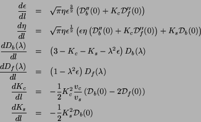 \begin{eqnarray*}
\frac{d\epsilon }{dl} & = & \sqrt{\pi }\eta \epsilon ^{\frac{3...
...
\frac{dK_{s}}{dl} & = & -\frac{1}{2}K_{s}^{2}\mathcal{D}_{b}(0)
\end{eqnarray*}