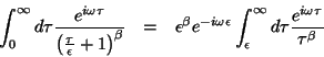 \begin{eqnarray*}
\int _{0}^{\infty }d\tau \frac{e^{i\omega \tau }}{\left(\frac{...
...psilon }^{\infty }d\tau \frac{e^{i\omega \tau }}{\tau ^{\beta }}
\end{eqnarray*}